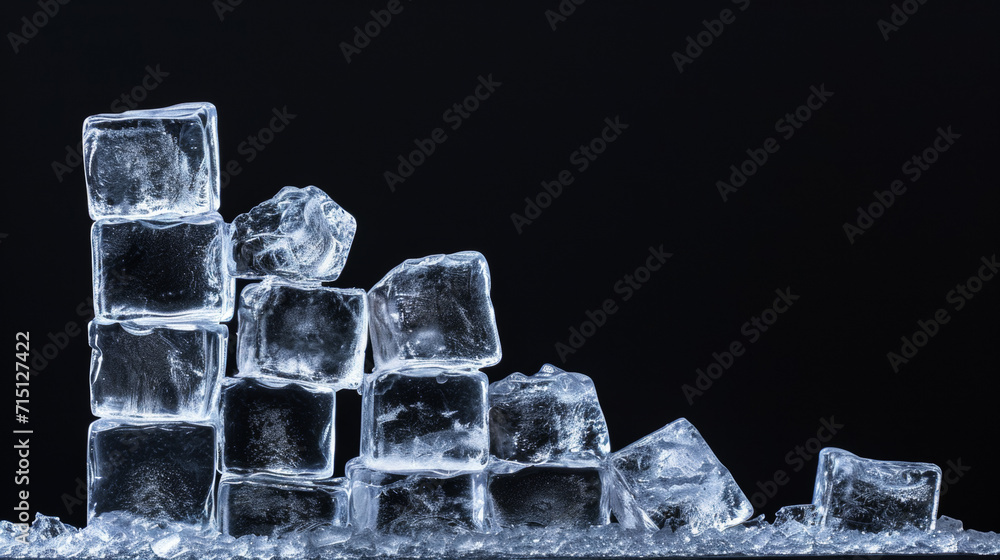 Ice cubes form a graphic of decreasing columns. Melting glaciers, decreasing water stock, climate change concept. Black background. Ice cubes form a graphic of decreasing columns. Melting glaciers, decreasing water stock, climate change concept. Black background.