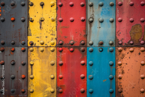 Colorful Industrial Riveted Metal Panels, Surface Material Texture