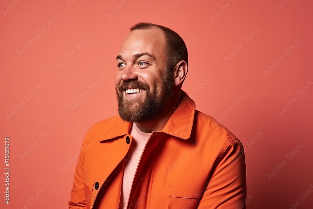 Portrait of a cheerful bearded man in orange jacket. Studio shot over pink background. Portrait of a cheerful bearded man in orange jacket. Studio shot over pink background.