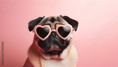happy cute dog with a heart shaped sunglasses for valentine day, birthday or anniversary, on a pink background	