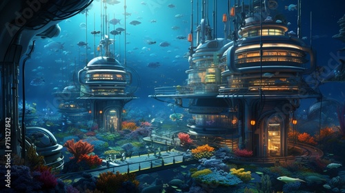 A high-tech underwater research station surrounded by colorful marine life exploring the depths.