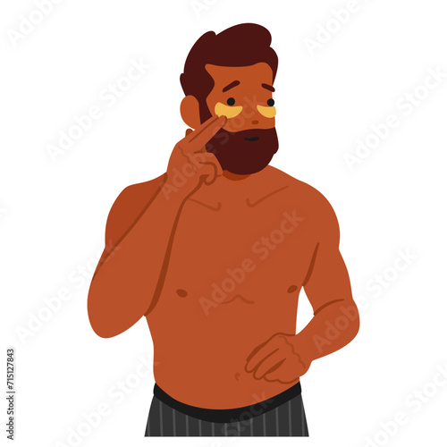 Modern Man Character Enhance His Allure By Applying Eye Patches Into Beauty Routine, Reducing Puffiness And Dark Circles
