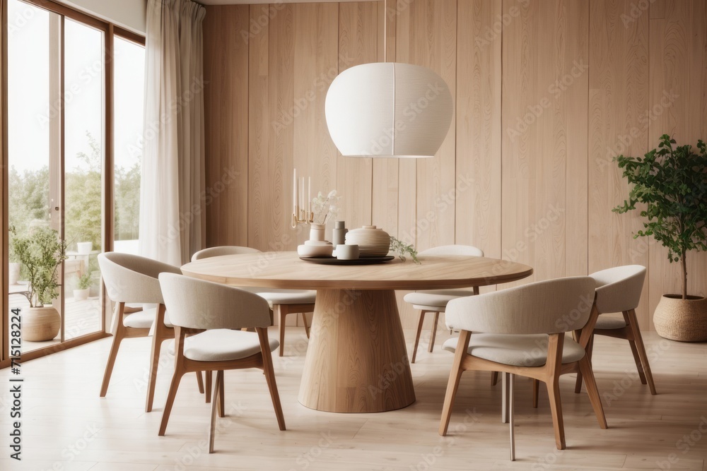Scandinavian interior home design of modern dining room with beige chairs and rustic wooden dining table with beige wood panel wall