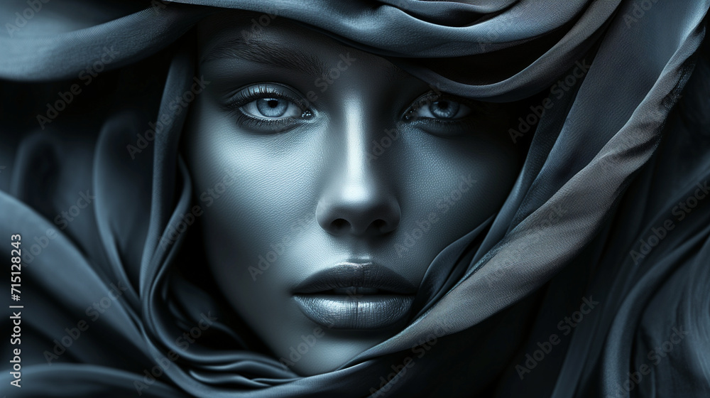 Captivating image a close up woman's face decorated with a with silk or satin cloth. Surrealistic artwork. The intricate details, and utilize soft lighting. The magical and dreamlike ambiance. Captivating image a close up woman's face decorated with a with silk or satin cloth. Surrealistic artwork. The intricate details, and utilize soft lighting. The magical and dreamlike ambiance.