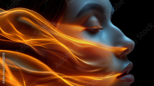 Captivating image a close up woman s face decorated with a with silk or satin cloth.  Surrealistic artwork. The intricate details  and utilize soft lighting. The magical and dreamlike ambiance.