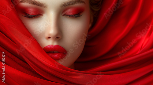 Captivating image a close up woman's face decorated with a with silk or satin cloth.  Surrealistic artwork. The intricate details, and utilize soft lighting. The magical and dreamlike ambiance. photo