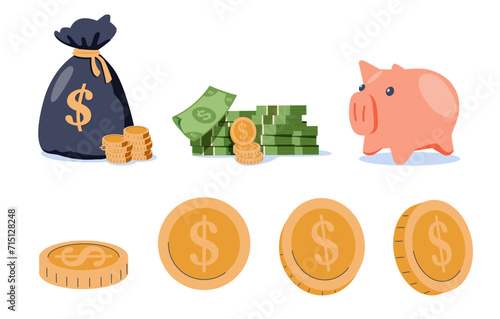 Flat modern cartoon money element set isolated on pale pink background. Including piggy bank, cash bills, money bag