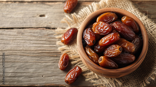 Top view of traditional ramadan sweet dates fruit in a wooden bowl and on the rustic table with copy space for text. Food for iftar, break the fast in holy month in islamic world
