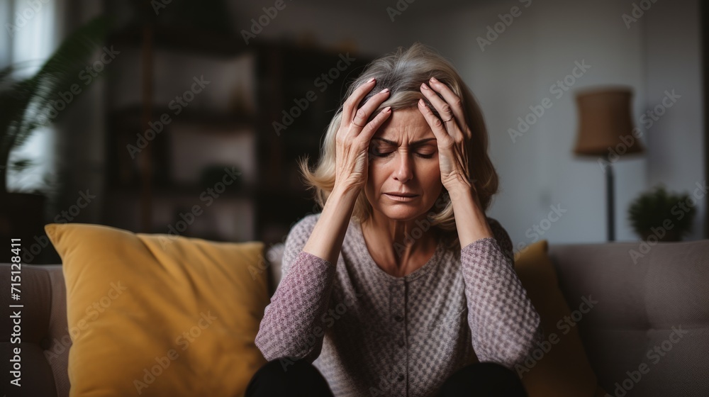 Upset middle-aged woman sit on couch lost in thoughts feel lonely disappointed. Neural network AI generated art Upset middle-aged woman sit on couch lost in thoughts feel lonely disappointed. Neural network AI generated art