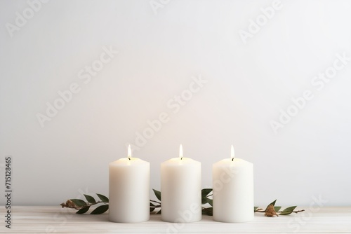 white candles on the right, white background, space 2/3 for text 