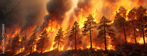 Forest Fire Ravaging Through Trees. A fierce wildfire consuming a forest with towering flames and thick smoke billowing into the sky, showcasing nature's fury.