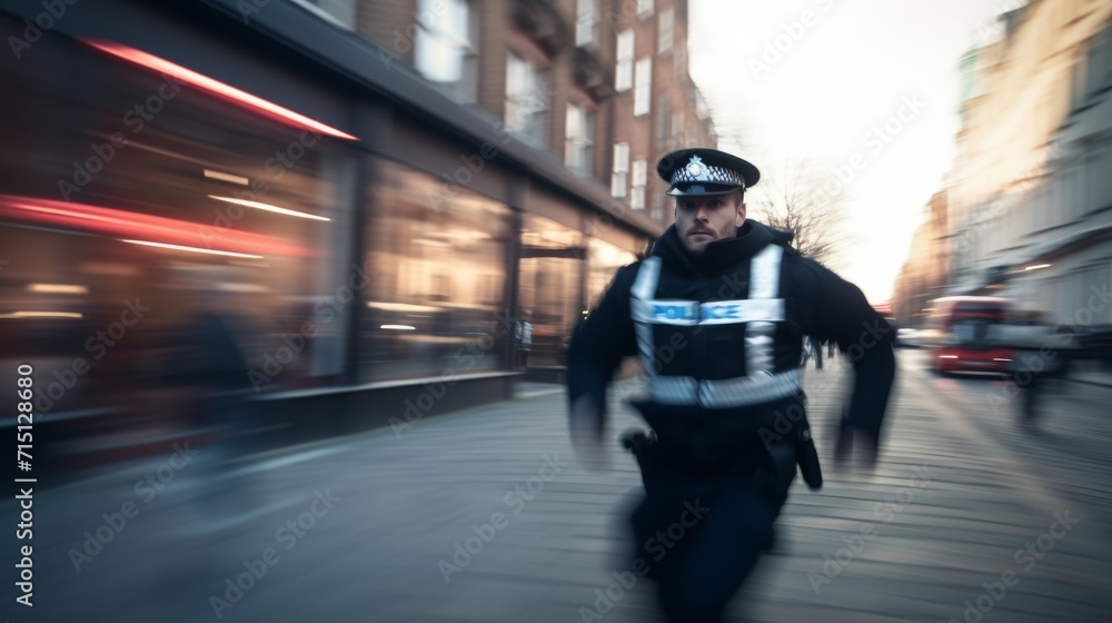 Full shot of UK policeman running through town centre, blurred background --ar 16:9 --style raw --stylize 50 Job ID: 8d3a583d-f8d8-4819-9ad2-d02e861297af