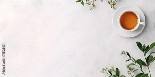 Tea Cup with White Flowers and Green Leaves on a Clean White Background photo