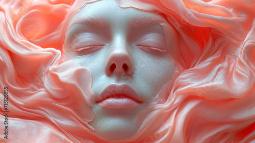 Captivating image a close up woman's face decorated with a with silk or satin cloth. Surrealistic artwork. The intricate details, and utilize soft lighting. The magical and dreamlike ambiance.