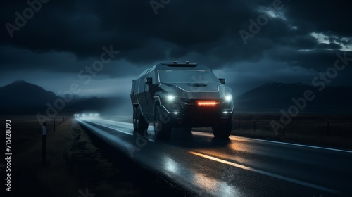 Electric car SUV night road. Neural network AI generated art photo