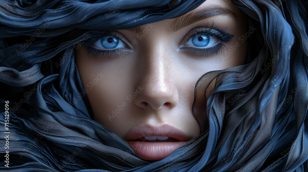 Captivating image a close up woman's face decorated with a with silk or ...