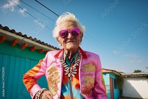 Portrait of an elderly woman with sunglasses on a sunny day.