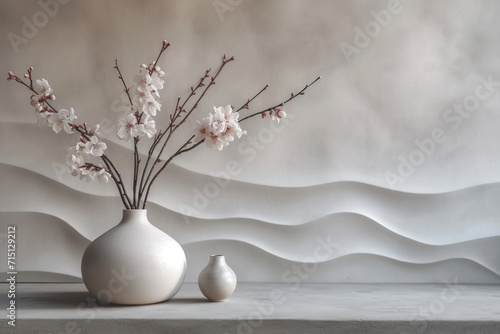 Cream Colored Modern Interior Wavy Wallpaper Influenced by Scandanavian Minimalist Design, Surface Material Texture, Potted Flower Vasew