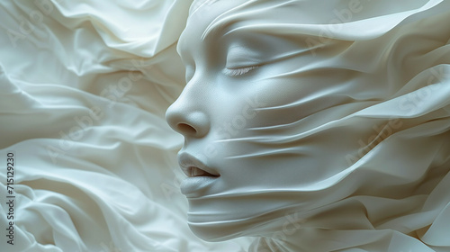Captivating image a close up woman's face decorated with a with silk or satin cloth.  Surrealistic artwork. The intricate details, and utilize soft lighting. The magical and dreamlike ambiance.