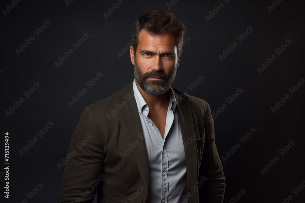 Portrait of a handsome mature man with beard and mustache in casual clothes on dark background