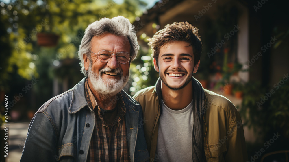 Portrait of grandfather and grandson on the house background. Concept of happy family Portrait of grandfather and grandson on the house background. Concept of happy family