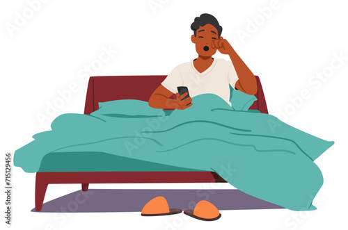 Man Sitting Comfortably In Bed, Yawn, Phone In Hand, Eyes Closed, Surrounded By The Tranquility Of Room