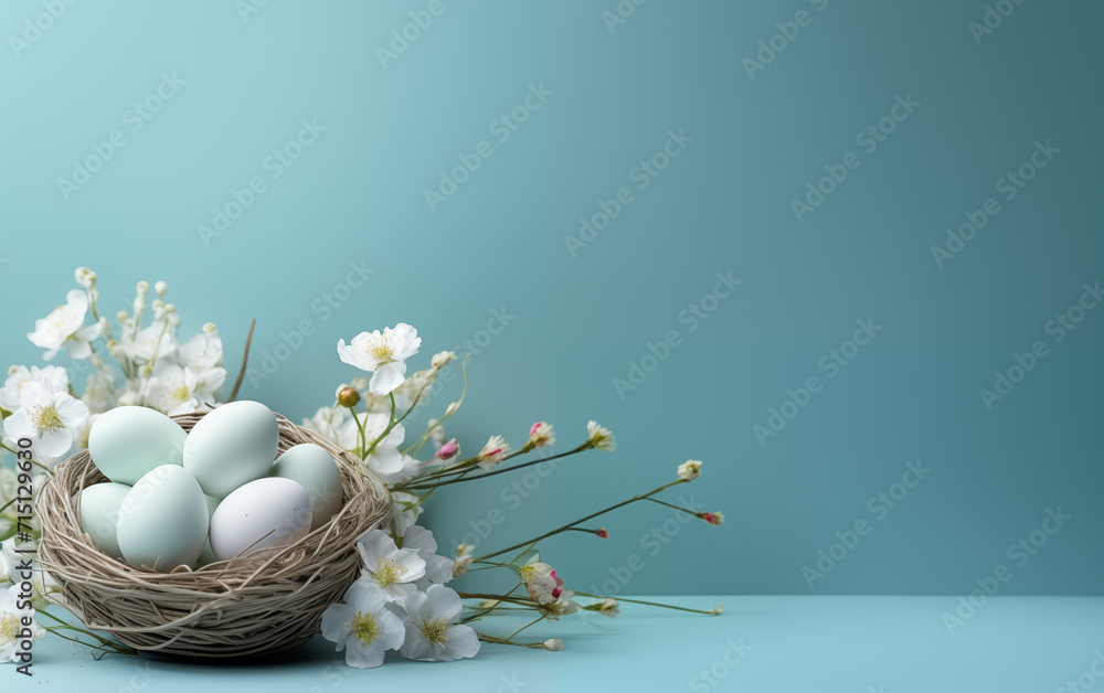 easter eggs in a nest on light turquoise background