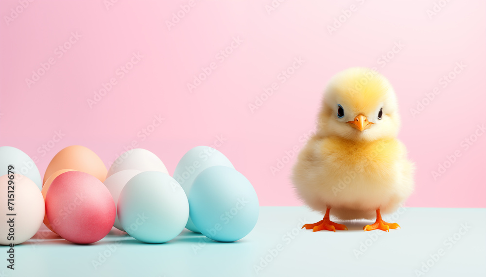 easter card, chick and eggs on pink background