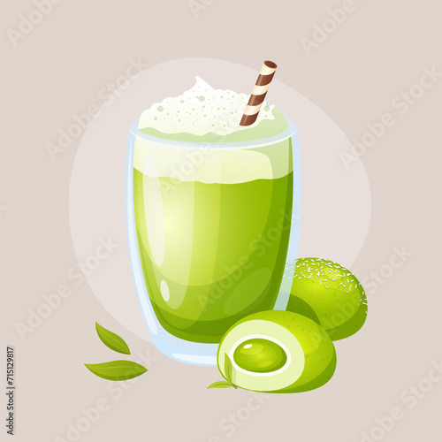 Matcha latte cup with Japanese dessert mochi

