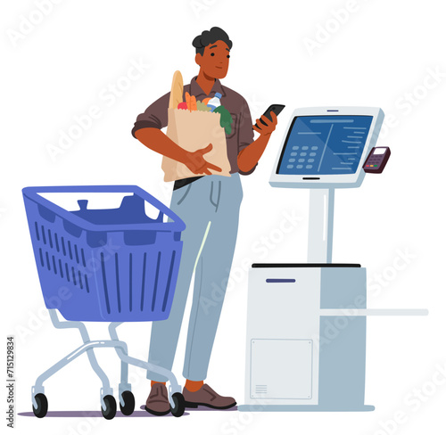Man Shops For Groceries, Selects Items, Scans At Self-service Terminal, Bags Full of Purchases, Daily Routine