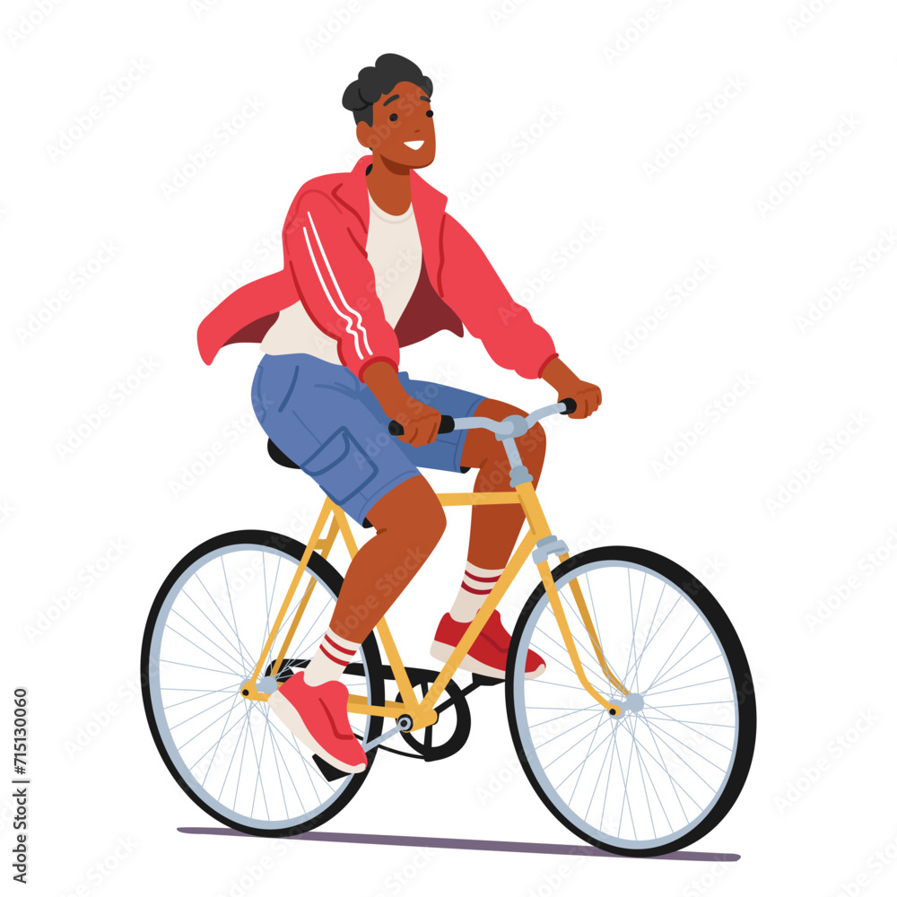 Male Character Cycling Daily Routine and Sport. Man Pedals His Bicycle, Wind Tousling His Hair, As He Navigates Streets