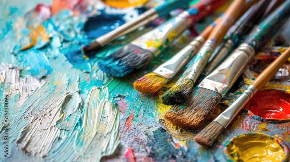 Painting supplies with different brushes and palettes on a white surface, illustrating the passion for painting Painting supplies with different brushes and palettes on a white surface, illustrating the passion for painting