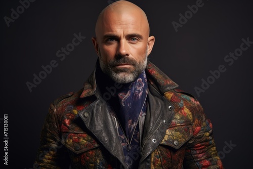 Portrait of a brutal bearded man in a leather jacket on a dark background. © Inigo