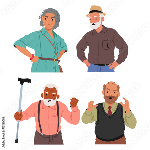 Senior People With Frowning Faces, Furrowed Brows, And Sharp Glares. Tension In Their Expressions Reveals Frustration