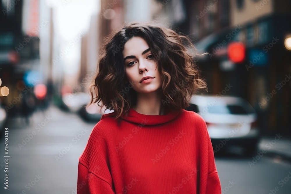 Portrait of a beautiful young woman in a red coat on the street Portrait of a beautiful young woman in a red coat on the street