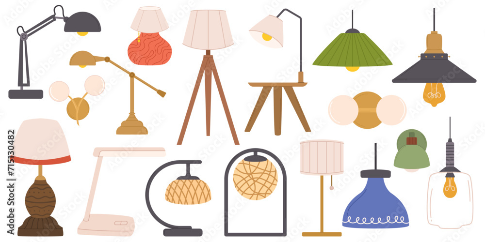 Hanging, Floor and Table Lamps with Stylish Lampshades Isolated on White Background. Modern Chandeliers with Light Bulbs Hanging, Floor and Table Lamps with Stylish Lampshades Isolated on White Background. Modern Chandeliers with Light Bulbs