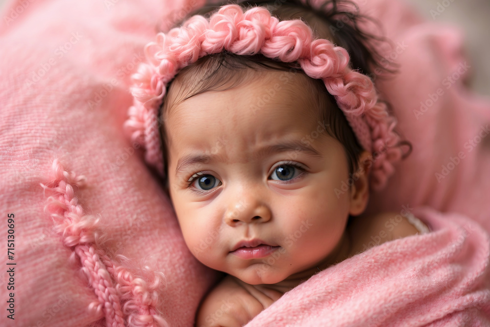 Cute little New born baby girl in pink portrait background, adorable toddler, wallpaper, banner with copy space area