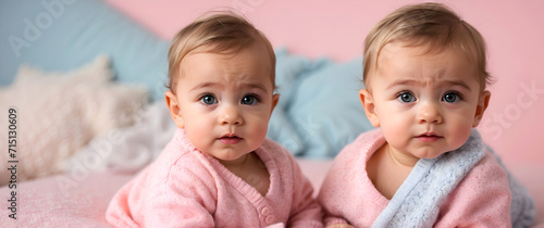 Cute little New born baby twins in pink portrait background, adorable toddler, wallpaper, banner with copy space area photo