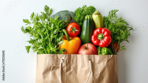 Fresh organic produce in a recyclable paper bag on a white background  concept of sustainable grocery shopping