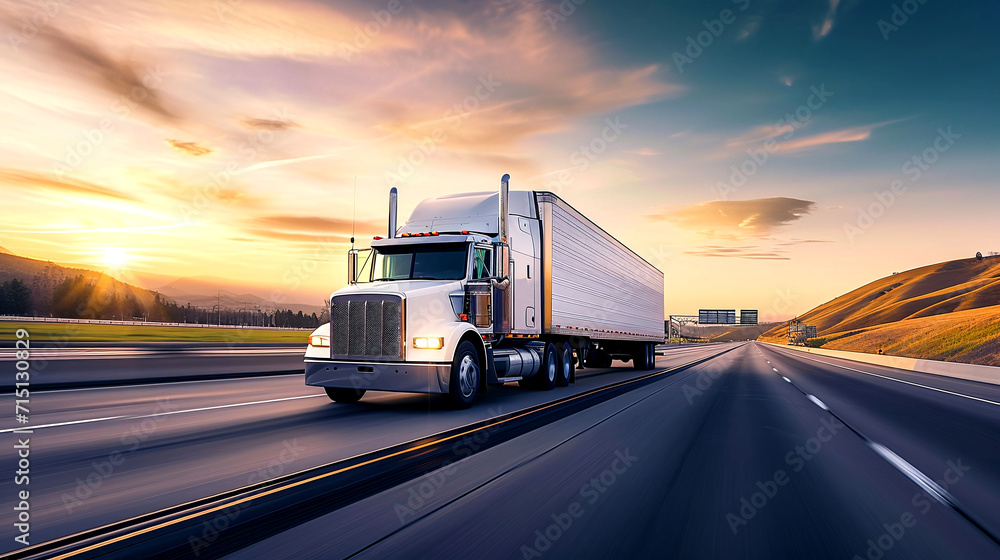 AI generated illustration of a blurred sunset enhances semi truck in motion