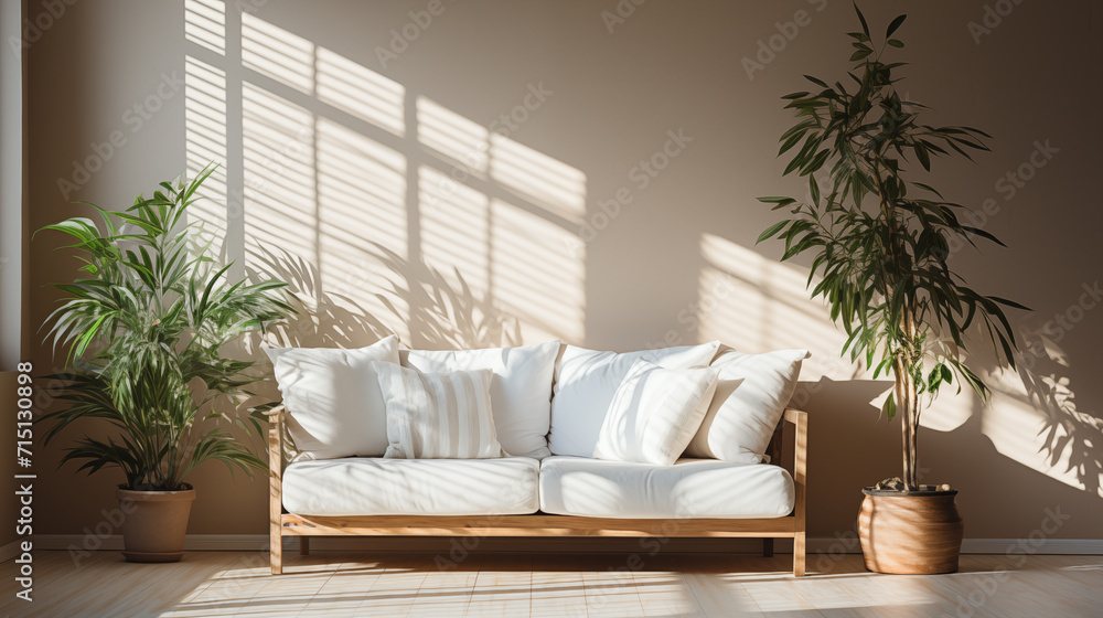 Light stylish furniture, beige and white armchair with decorative pillow, green plant in background, home style Light stylish furniture, beige and white armchair with decorative pillow, green plant in background, home style