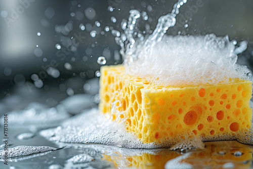 Cleaning yellow sponge soapy bubbles foam on kitchen surface. Household supplies. Spring cleaning, home cleaning, housework and hygiene concept. Minimalistic design for banner, poster with copy space