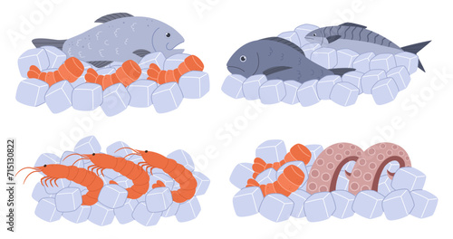 Fresh Seafood Nestled In Glistening Ice, Frosty Embrace Preserving Ocean Fishes, Shrimps and Octopus Vector Illustration