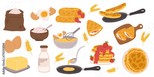 Cooking Pancake Items And Ingredients Vector Set. Mix Flour, Milk, Eggs, And A Pinch Of Salt. Pour Batter Onto a Griddle