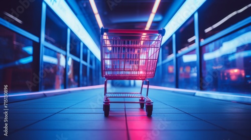 Supermarket aisle with empty red shopping cart with customer defocus background. Neural network AI generated art photo