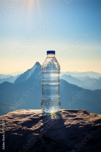 bottle of clean, fresh water on a snow, with snowy mountain in the background
