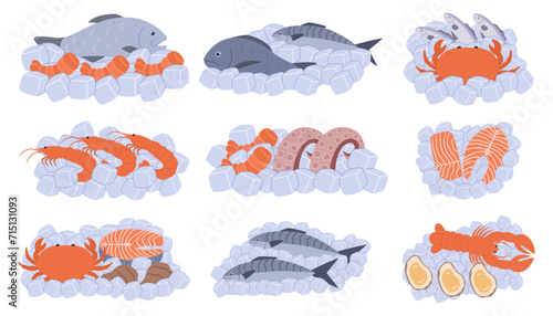 Seafood Nestled In Pristine Ice, Tantalizing Display Of Ocean Treasures. Fish, Shrimps, Lobster and Octopus, Oysters