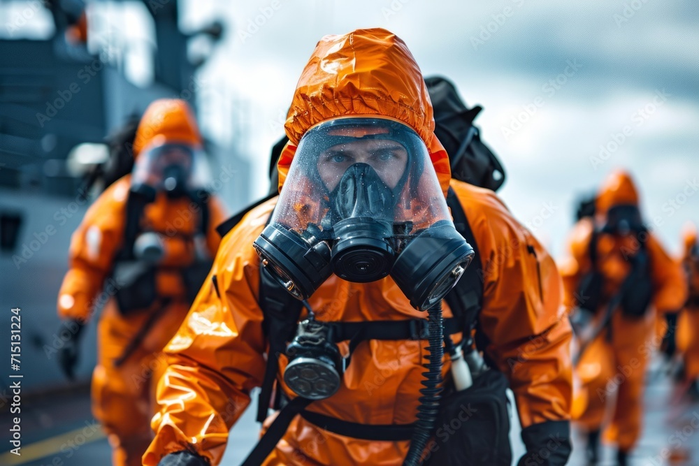 Chemical spill emergency responder in work uniform with gas mask Chemical spill emergency responder in work uniform with gas mask