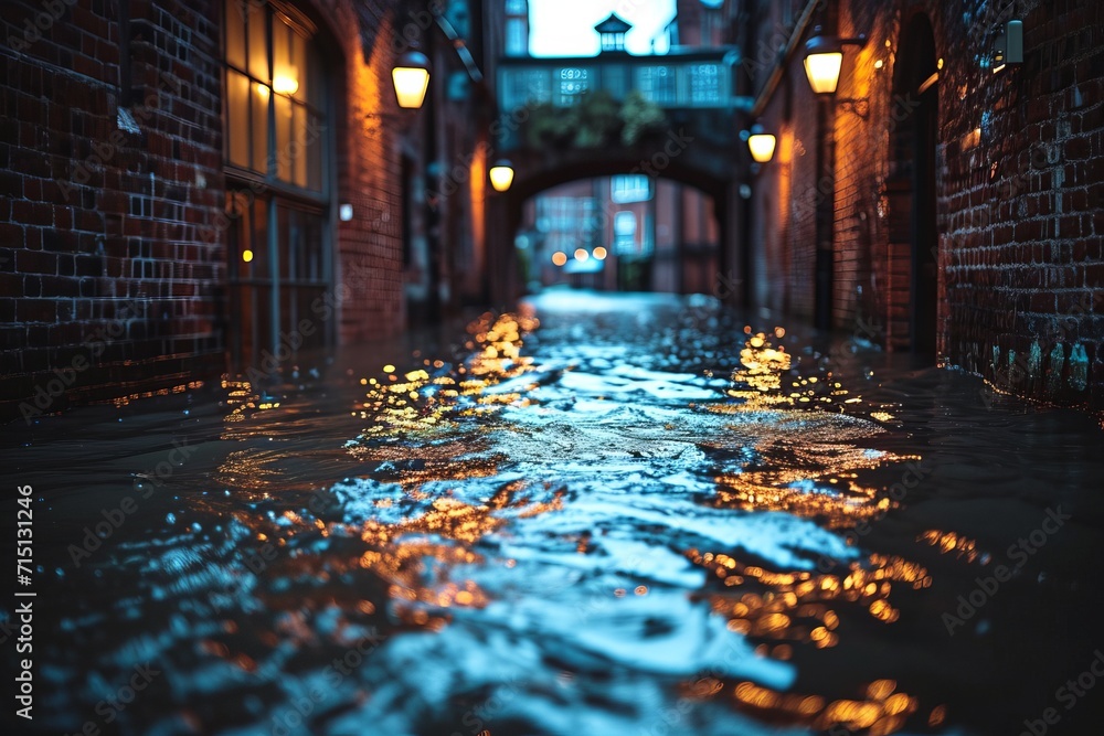 Flooded streets and submerged buildings