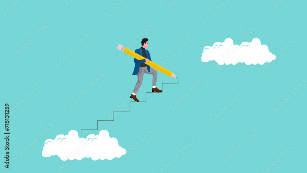 career progression, Build stair to reach business target, effort to grow career path concept, business goal or future succeed, businessman use pencil to draw stair step to reach career success